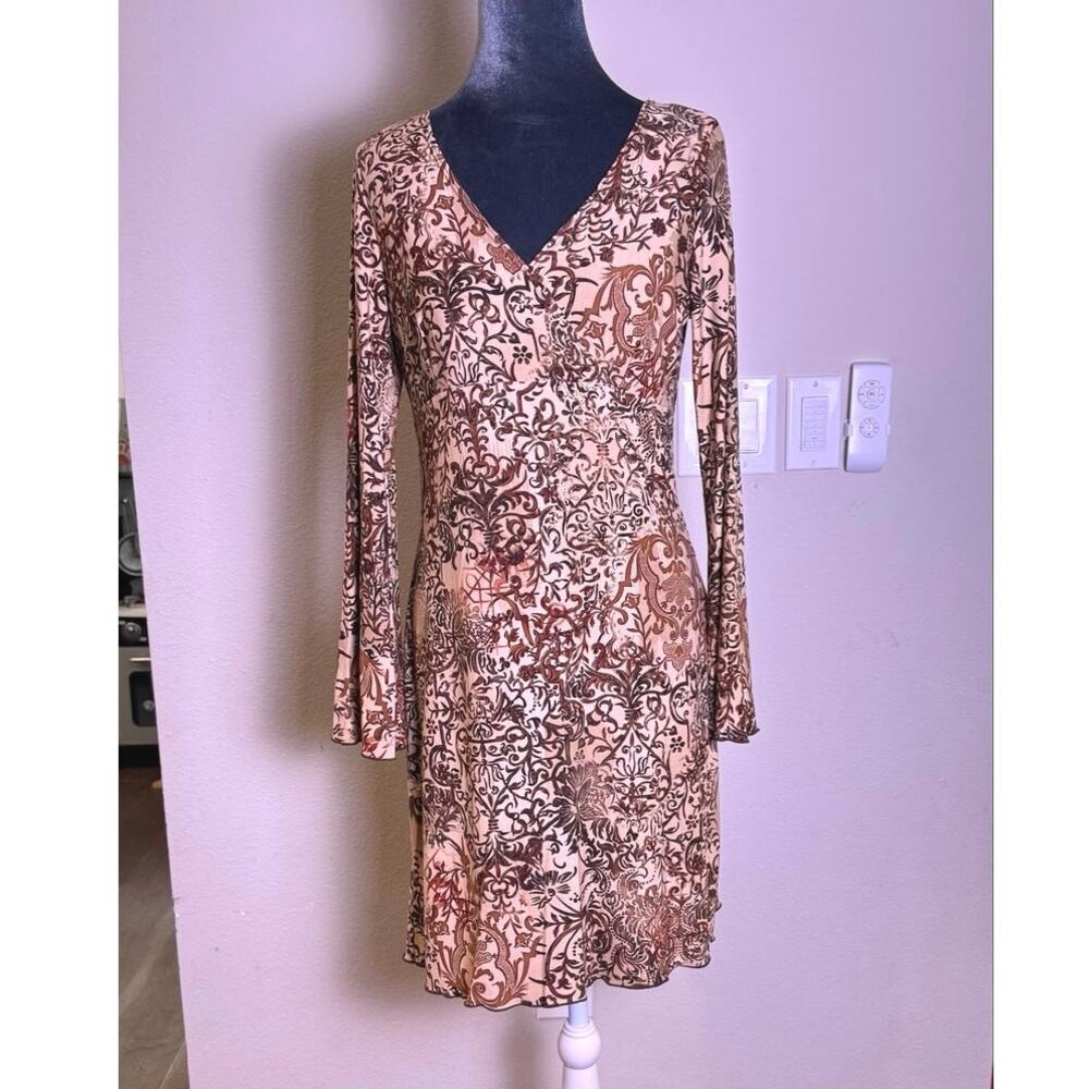 Vintage Finesse USA Faux Wrap Stretch Mini Dress Size Large Boho 90s Earth Tones